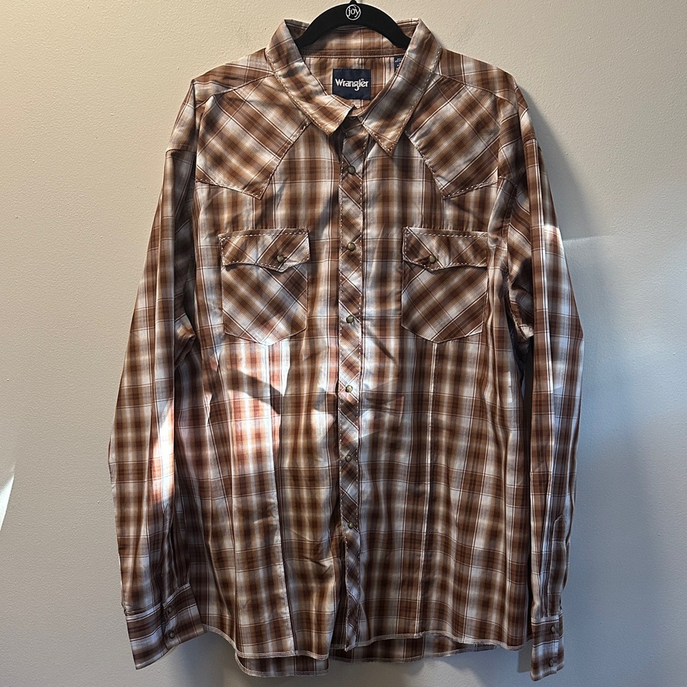 Wrangler Men’s Brown Plaid Long Sleeve Pearl Snap Western Shirt Sz 3XL